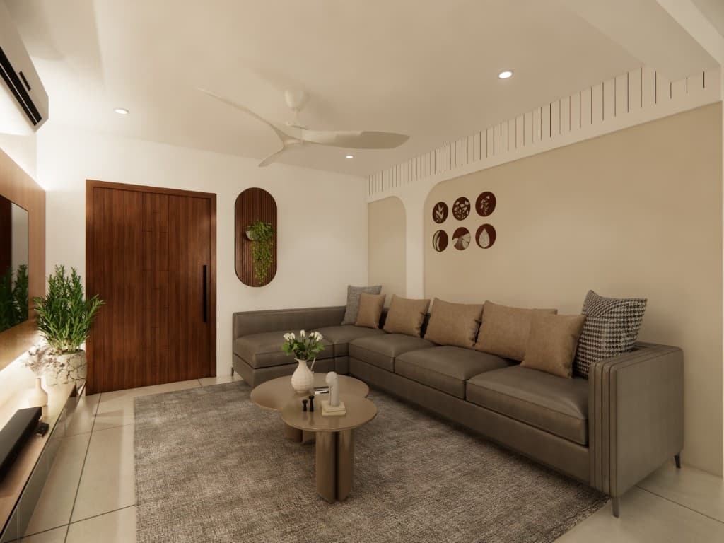 Modern living room with warm neutral palette and layered lighting