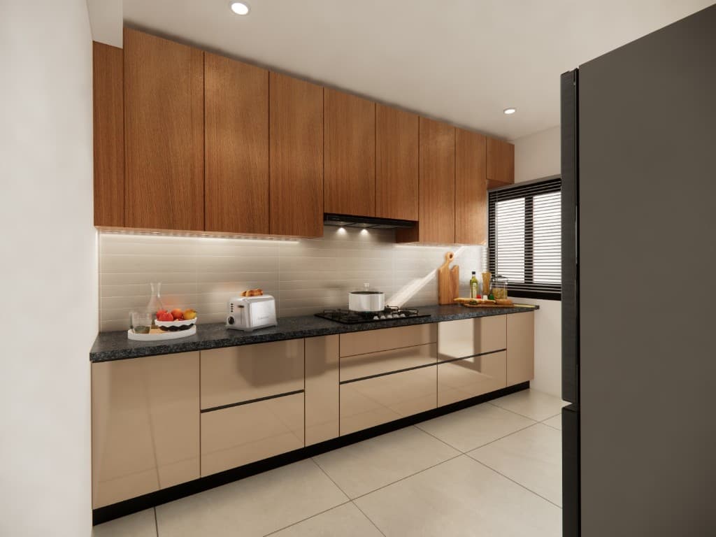 Modular kitchen with wood upper cabinets and integrated appliances